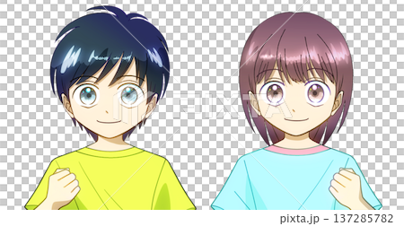夏服を着て前向きな表情でガッツポーズをする男の子と女の子のアニメ風イラスト、白バック 夏服を着て前向きな表情でガッツポーズをする男の子と女の子のアニメ風イラスト、白バック 137285782