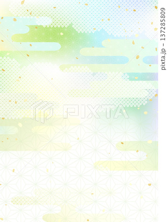 新緑風グラデーションと日本の伝統的な模様を組み合わせた和風背景イラスト 137285809