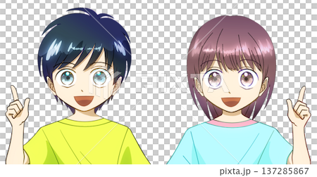 夏服を着た男の子と女の子のアニメ風イラスト、白バック 137285867