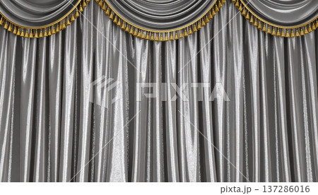 ステージ上の銀色の緞帳のクローズアップ　 高級感あるカーテンの表彰式背景イラスト 137286016
