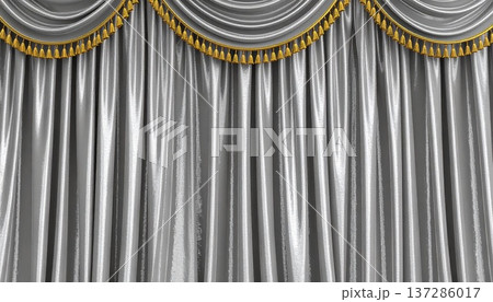 ステージ上の銀色の緞帳のクローズアップ　 高級感あるカーテンの表彰式背景イラスト 137286017