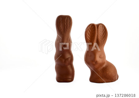 Two chocolate bunnies standing on white background for easter 137286018