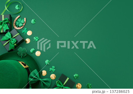 St. Patrick's day symbols with green hat and clover gifts 137286025