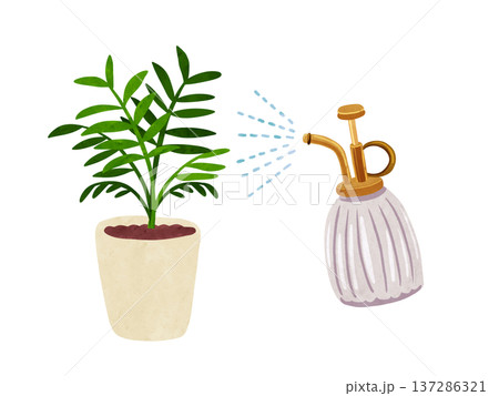 霧吹きミストとテーブルヤシの鉢植え　水彩風手描きイラスト 137286321