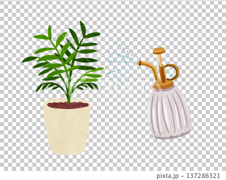 霧吹きミストとテーブルヤシの鉢植え　水彩風手描きイラスト 137286321