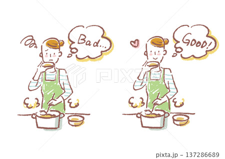 台所で料理しながら味見をする若い女性　シンプルなクレヨンタッチのイラストのセット 137286689