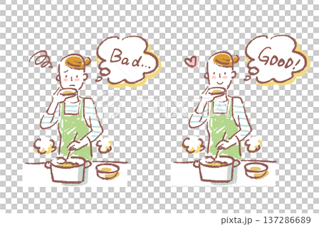 台所で料理しながら味見をする若い女性　シンプルなクレヨンタッチのイラストのセット 137286689