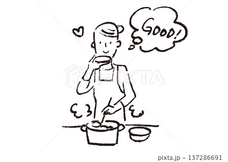 台所で料理しながら味見をする若い女性　シンプルなクレヨンタッチの白黒イラスト 137286691