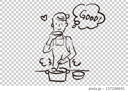 台所で料理しながら味見をする若い女性　シンプルなクレヨンタッチの白黒イラスト 137286691