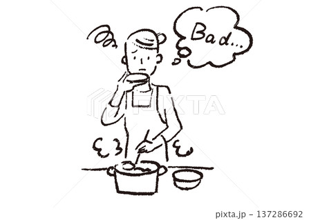 台所で料理しながら味見をする若い女性　シンプルなクレヨンタッチの白黒イラスト 137286692