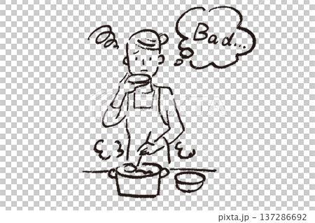 台所で料理しながら味見をする若い女性　シンプルなクレヨンタッチの白黒イラスト 137286692