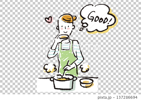 A young woman tasting food while cooking in the kitchen. A simple crayon-drawn illustration 137286694