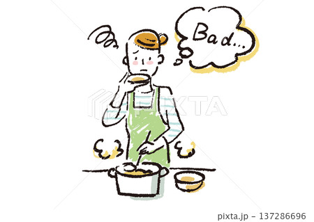 台所で料理しながら味見をする若い女性　シンプルなクレヨンタッチのイラスト 137286696