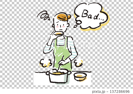 台所で料理しながら味見をする若い女性　シンプルなクレヨンタッチのイラスト 137286696