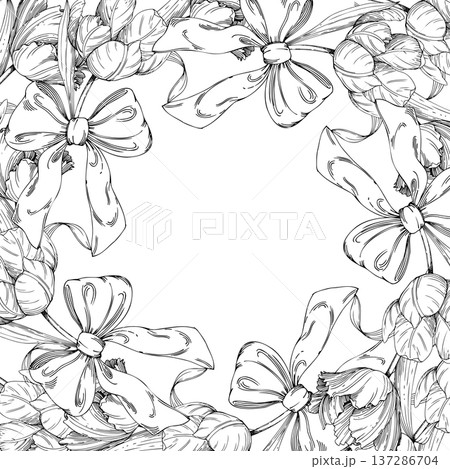 Square frame of tulips and bows. Handmade ink vector illustration of tulip. For design of cards, cover, prints, product labels and fabric. 137286704