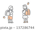 ランドセルを誇らしげに見せる小学一年生　シンプルでお洒落な線画イラスト 137286744