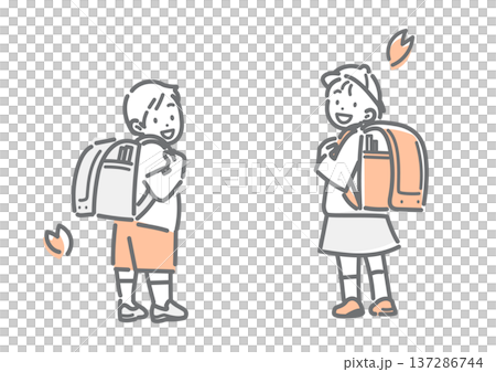 一幅簡潔時尚的線條畫，描繪了一位一年級小學生自豪地展示他的書包。 137286744