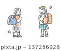 ランドセルを誇らしげに見せる小学一年生　シンプルでお洒落な線画イラスト 137286928