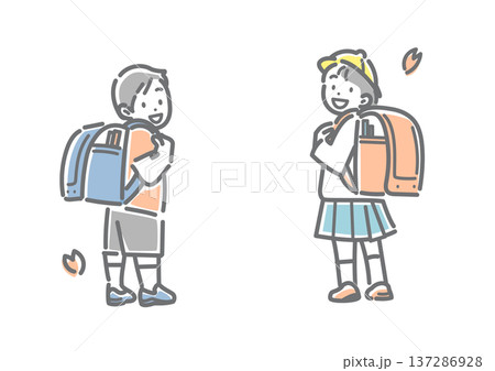 ランドセルを誇らしげに見せる小学一年生　シンプルでお洒落な線画イラスト 137286928
