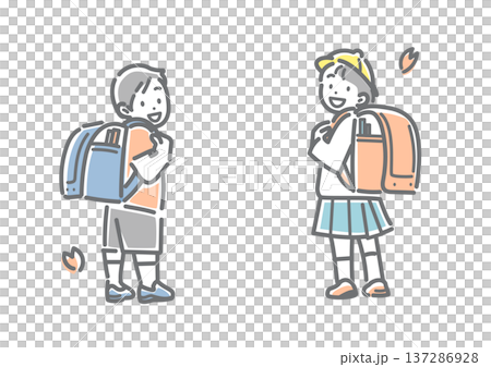 ランドセルを誇らしげに見せる小学一年生　シンプルでお洒落な線画イラスト 137286928
