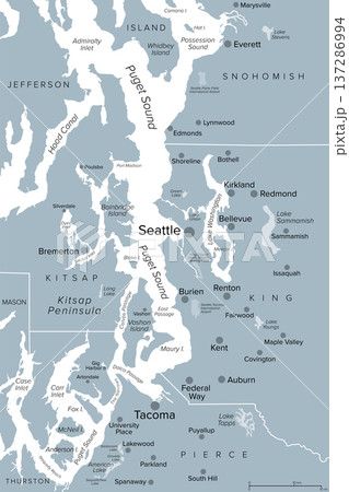 Seattle metropolitan area, U.S. state of Washington, gray political map. Urban agglomeration comprising Seattle, its surrounding satellites and suburbs, in counties King, Pierce, and Snohomish. Vector 137286994