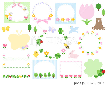 かわいい春のフレームのベクターイラストセット。花、クローバー、ちょうちょ、テントウムシ 137287013