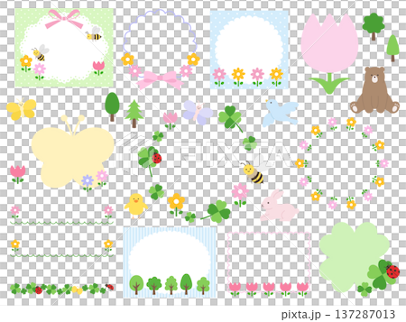 一組可愛的春季邊框向量插圖。包含花朵、三葉草、蝴蝶和瓢蟲。 137287013