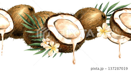 Watercolor seamless border with coconut, flowing white milk, dripping drop of oil. Leaves, blossom and white flowers. Hand drawn repeat illustration isolated on transparent background. Banner, frame 137287019