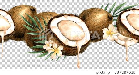 Watercolor seamless border with coconut, flowing white milk, dripping drop of oil. Leaves, blossom and white flowers. Hand drawn repeat illustration isolated on transparent background. Banner, frame 137287019