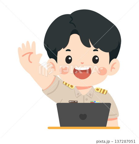 Man Teacher Waving Hello At Laptop Man Teacher Waving Hello At Laptop 137287051