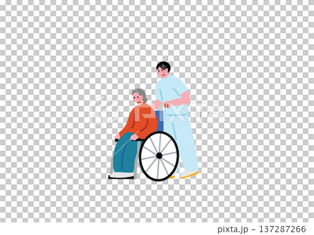 車椅子を押す男性看護師のイラスト 137287266