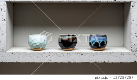 Zen-inspired. three irregular, hand-pinched ceramic cups for espresso, each with a unique glaze (celadon, tenmoku, shino), on a raw concrete shelf within a monolithic display niche  137287287