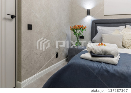 Modern Bedroom Corner with Textured Walls and Blue Bedding 137287367