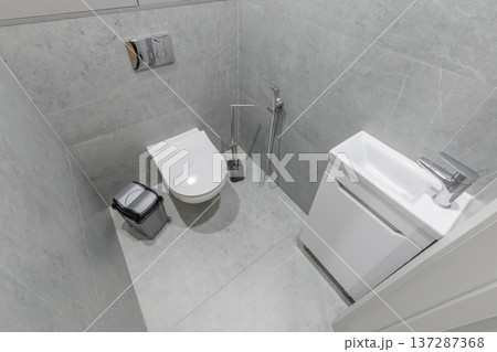 Modern Minimalist Bathroom with Grey Marble Tiles Modern Minimalist Bathroom with Grey Marble Tiles 137287368