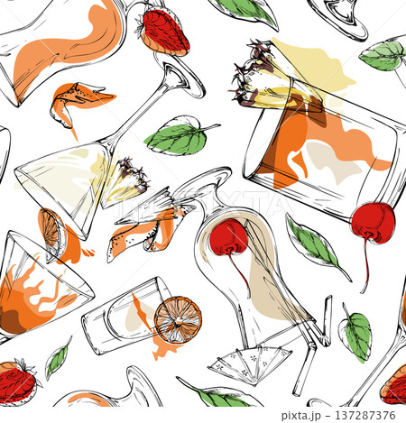 Tropical drink mix of cocktails, shots and lemonades, milkshakes. Cream, red orange seamless tile with citrus slices. Vector hand drawn pattern for tiki bar stationery, backgrounds and summer crafts. 137287376