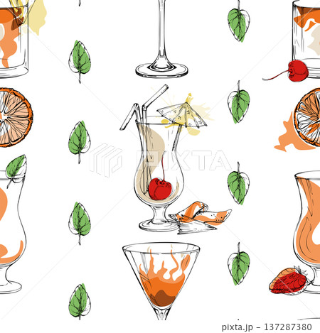 Warm seamless pattern with highball and martini iconic cocktails, creamy milkshakes, orange zest. Hand drawn seamless tile for summer tiki bar packaging, recipe sets, craft paper and home decor. Warm seamless pattern with highball and martini iconic cocktails, creamy milkshakes, orange zest. Hand drawn seamless tile for summer tiki bar packaging, recipe sets, craft paper and home decor. 137287380