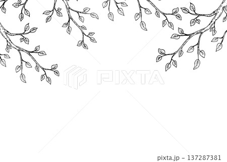 Vector Spring branch with leaves frame, template, copy space. Graphic easter hand drawn illustration isolated on background. Botanical and wedding, baby clip art. For greeting card, wallpaper Vector Spring branch with leaves frame, template, copy space. Graphic easter hand drawn illustration isolated on background. Botanical and wedding, baby clip art. For greeting card, wallpaper 137287381