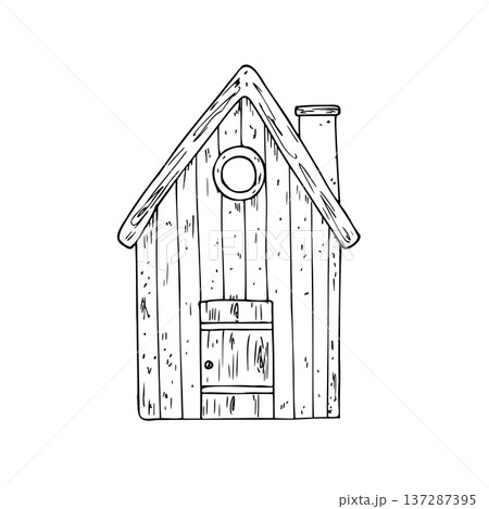 Vector cute birdhouse with door and chimney. Graphic spring house, easter hand drawn illustration isolated on background. Botanical and clip art. For greeting card, wallpaper, wrapping paper design Vector cute birdhouse with door and chimney. Graphic spring house, easter hand drawn illustration isolated on background. Botanical and clip art. For greeting card, wallpaper, wrapping paper design 137287395