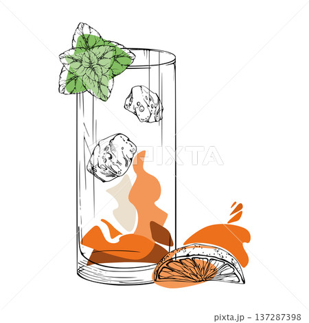 Classic Long Island cocktail with mint leaves on rim, orange juice splash, ice cubes hand drawn in ink. Golden vector palette with citrus accent. Ideal for branding kits, menus, promotional prints. Classic Long Island cocktail with mint leaves on rim, orange juice splash, ice cubes hand drawn in ink. Golden vector palette with citrus accent. Ideal for branding kits, menus, promotional prints. 137287398
