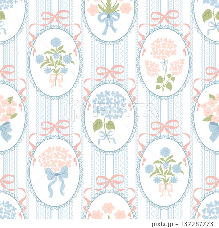 Vintage striped floral medallion ribbon seamless pattern. Vector preppy hydrangea, bows coquette print, wallpaper Vintage striped floral medallion ribbon seamless pattern. Vector preppy hydrangea, bows coquette print, wallpaper 137287773