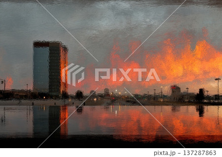 Stunning Skyscraper Reflection at Sunrise or Sunset with Dramatic Colorful Sky Stunning Skyscraper Reflection at Sunrise or Sunset with Dramatic Colorful Sky 137287863