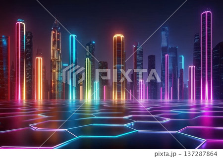 Futuristic Digital Skyline at Night with Illuminated Neon Lights and Flowing Colors Futuristic Digital Skyline at Night with Illuminated Neon Lights and Flowing Colors 137287864