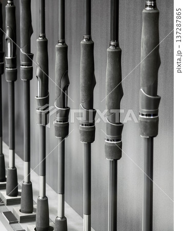 Different fishing rods arranged neatly on display at a store, showcasing various styles and designs for customers to view and choose from Different fishing rods arranged neatly on display at a store, showcasing various styles and designs for customers to view and choose from 137287865