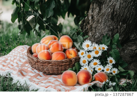 Scenic Countryside Picnic View with Blanket, Peaches, and Daisies Under a Tree 137287867