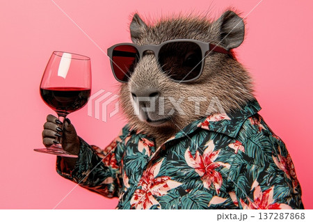 Photorealistic Chubby Capybara in Tropical Shirt Holding Wine Glass 137287868