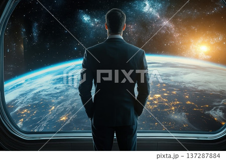 Executive Gazing at Vast Star Field from Space Observation Window 137287884