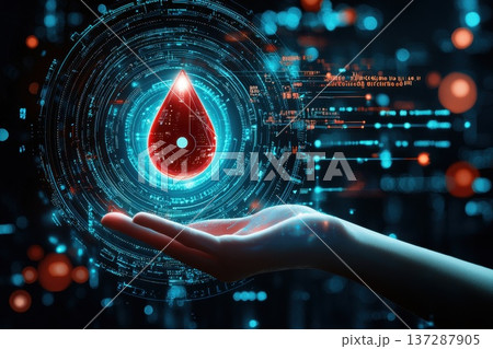 Powerful Blood Donation Awareness Poster with Digital Elements and Hand Powerful Blood Donation Awareness Poster with Digital Elements and Hand 137287905