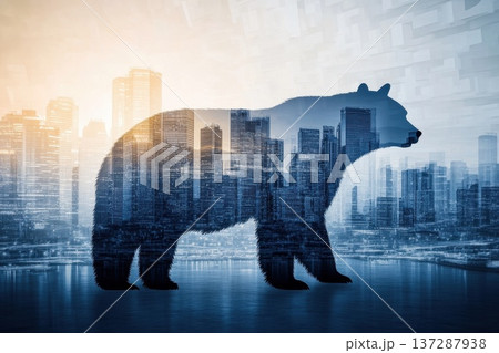 Towering Bear Hologram Over Cityscape with Urban Skyline and Nature Elements Towering Bear Hologram Over Cityscape with Urban Skyline and Nature Elements 137287938