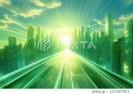 Futuristic Cityscape with Green Hues and Bright Sunlight Near a Shimmering Pathway 137287951