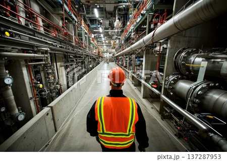 Inside Engine Room of Marine Engineering Facility with Worker in Safety Gear Inside Engine Room of Marine Engineering Facility with Worker in Safety Gear 137287953